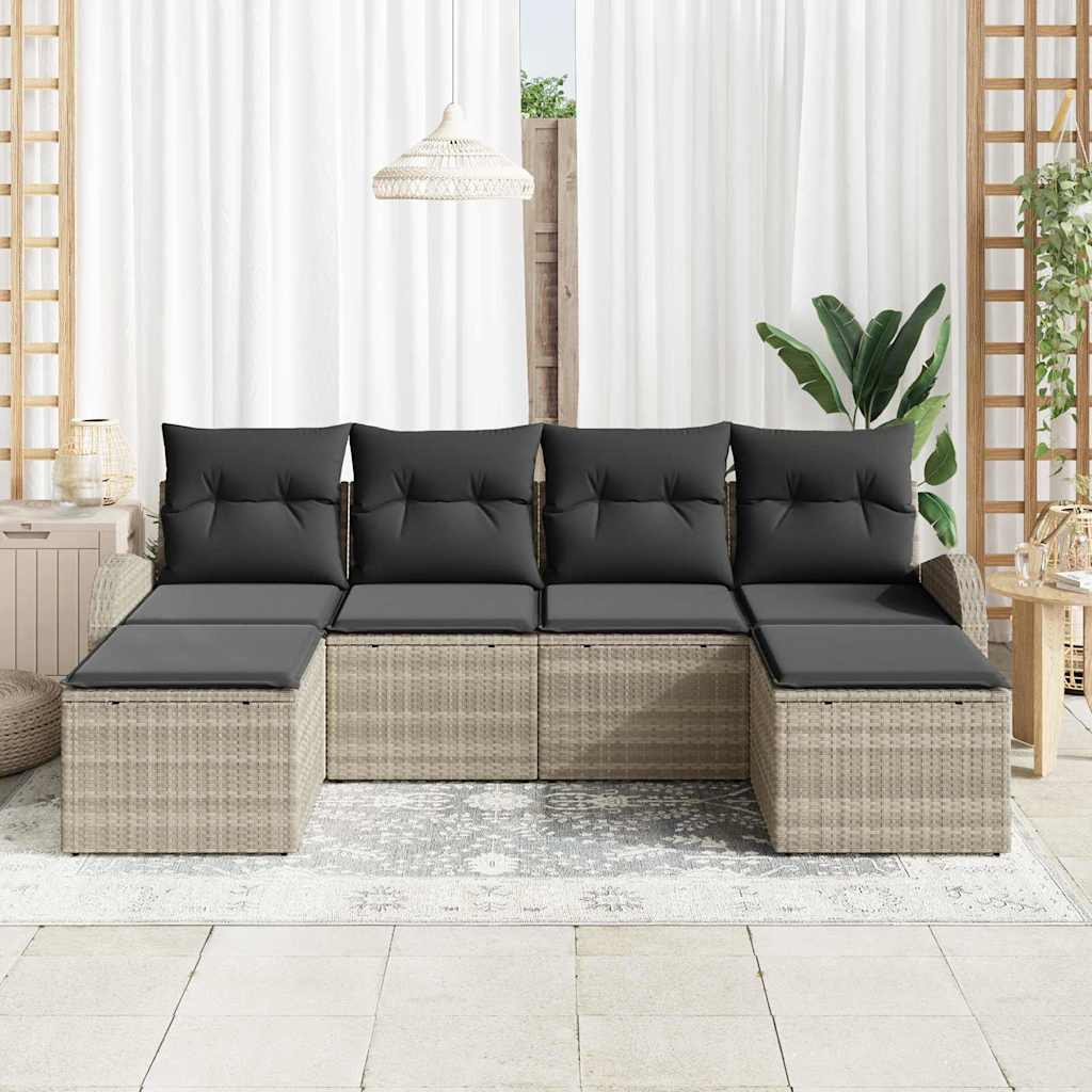 vidaXL 6-delige tuinset met kussens in lichtgrijs poly rattan