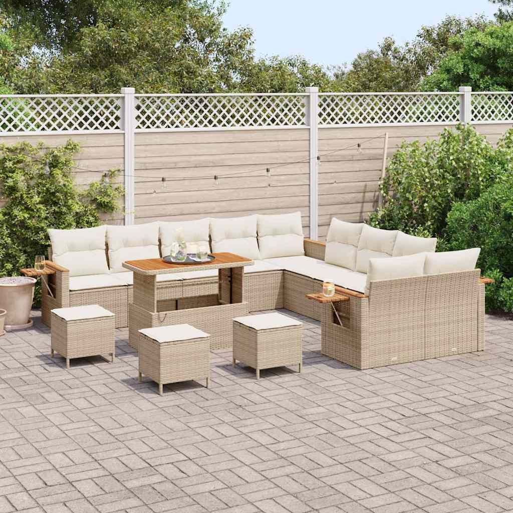 vidaXL 14-delige Tuinset met Kussens in Beige van Poly Rattan en Acacia