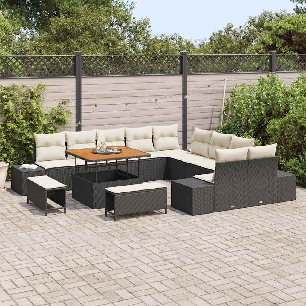 vidaXL 13-delige Tuinbankenset met kussens poly rattan acacia zwart