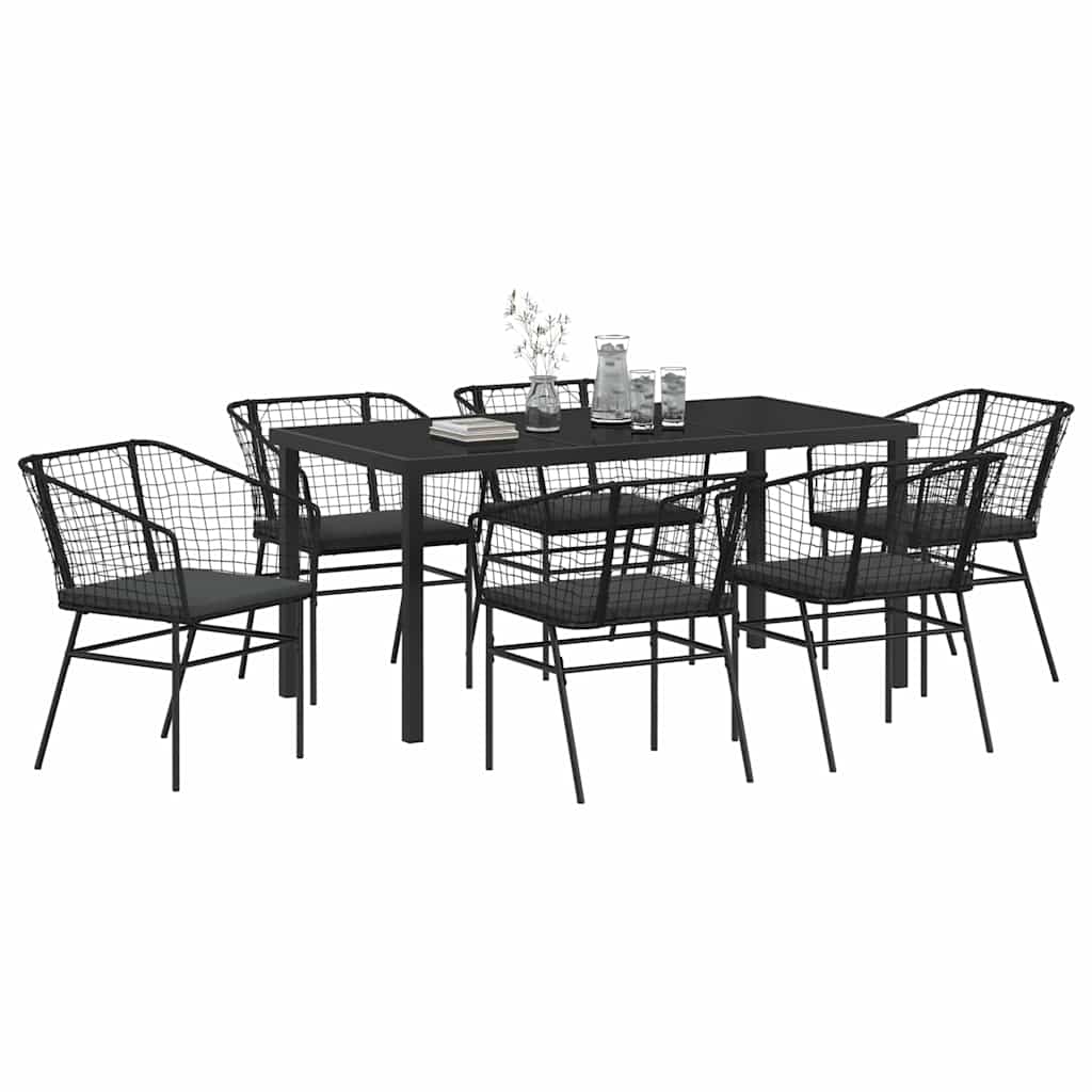 vidaXL 7-delige Tuin Eetset met Kussens - Zwart Poly Rattan
