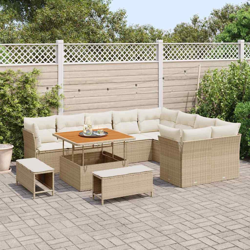 vidaXL 12-delige Tuinbankenset met kussens poly rattan acacia beige