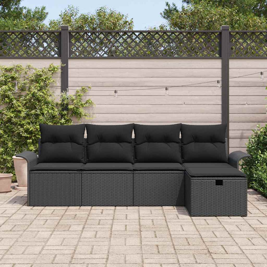 vidaXL 5-delige tuinset met kussens in zwart poly riet