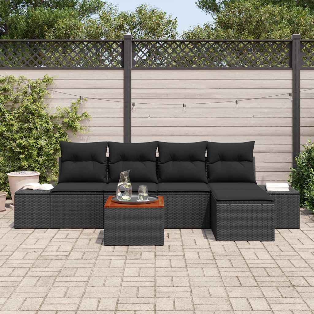 vidaXL 6-delige tuinsofa set met kussens van zwart poly riet en acacia