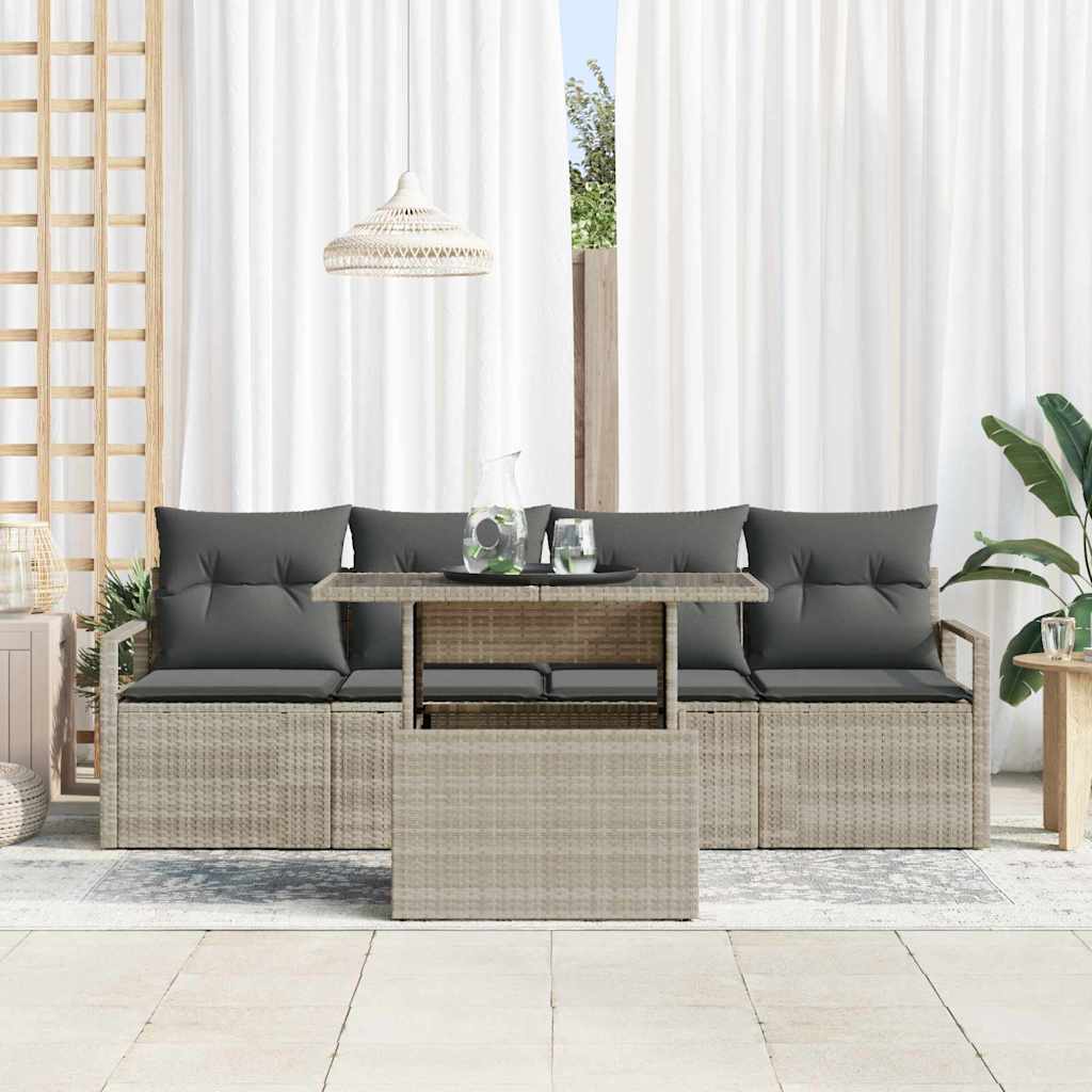 vidaXL 5-delige Tuinbankenset met kussens poly rattan lichtgrijs