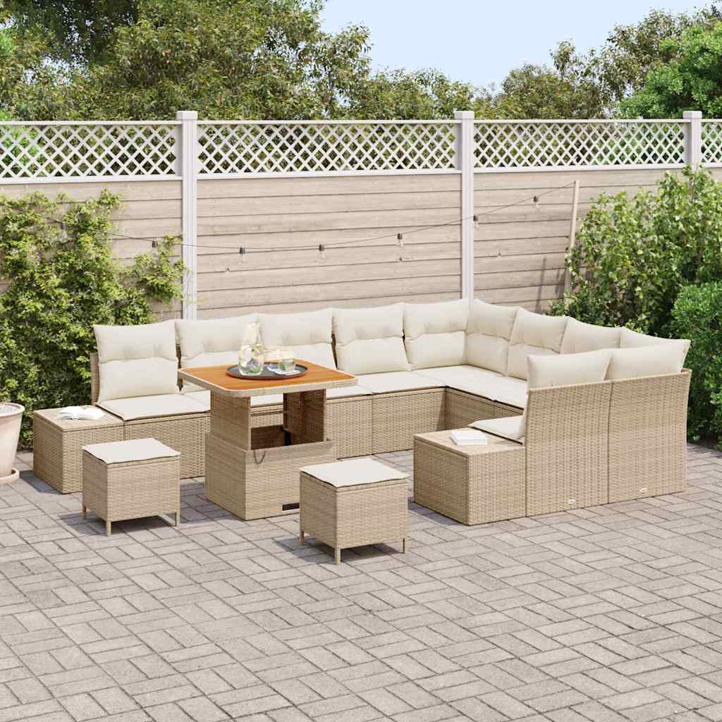 vidaXL 12-delige Tuinbankenset met kussens poly rattan acacia beige