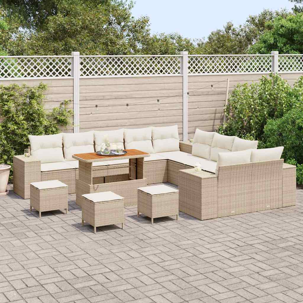 vidaXL 14-delige tuinset met kussens - beige poly rattan en acacia