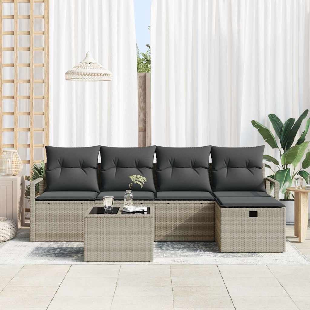 vidaXL 6-delige tuinset met kussens in lichtgrijs van poly rattan