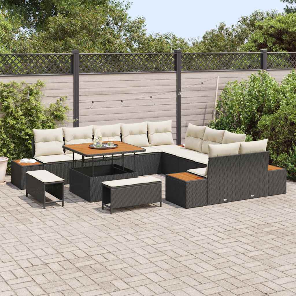 vidaXL 13-delige tuinbankset met kussens - zwart poly riet en acacia