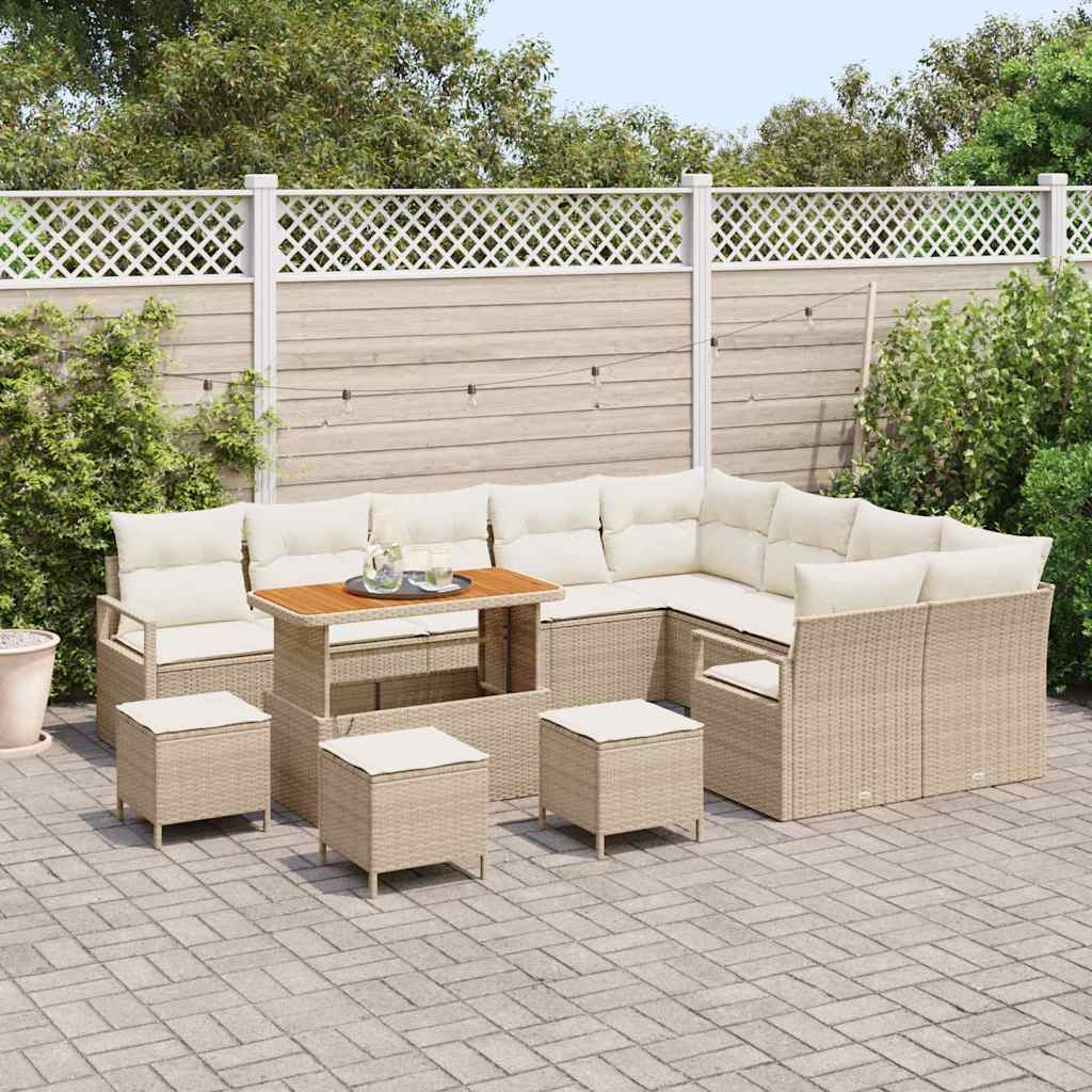 vidaXL 13-delige Tuinbankenset met kussens poly rattan acacia beige