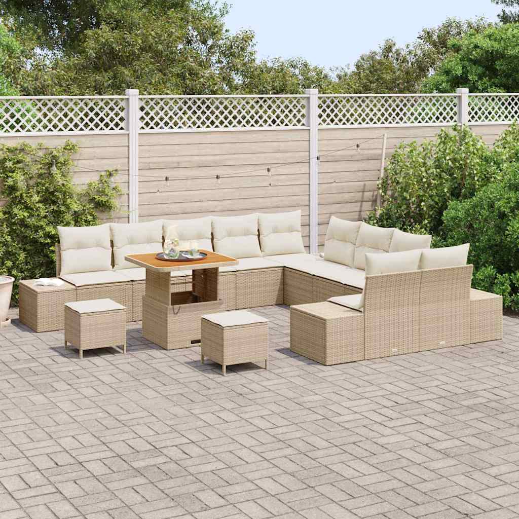 vidaXL 13-delige Tuinbankenset met kussens poly rattan acacia beige