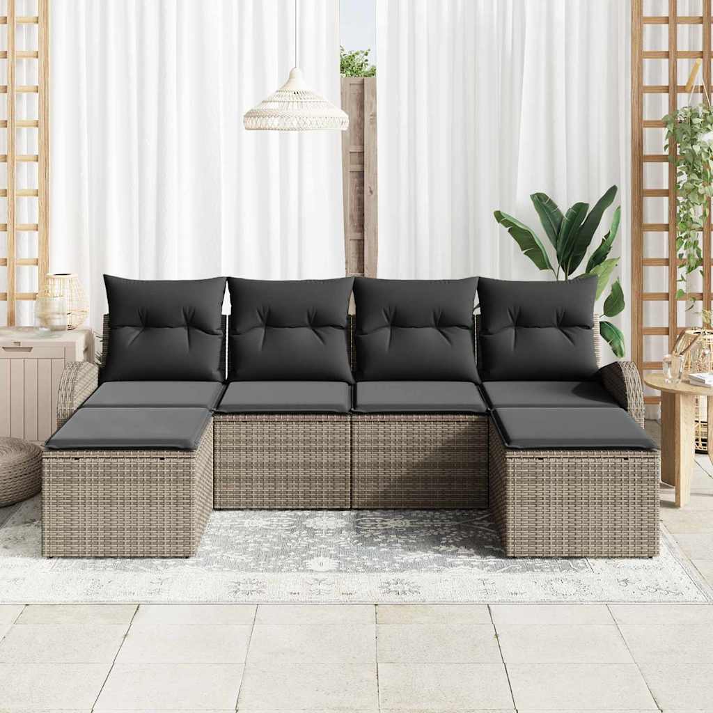 vidaXL 6-delige tuinbankset met kussens Grijs Poly Rattan