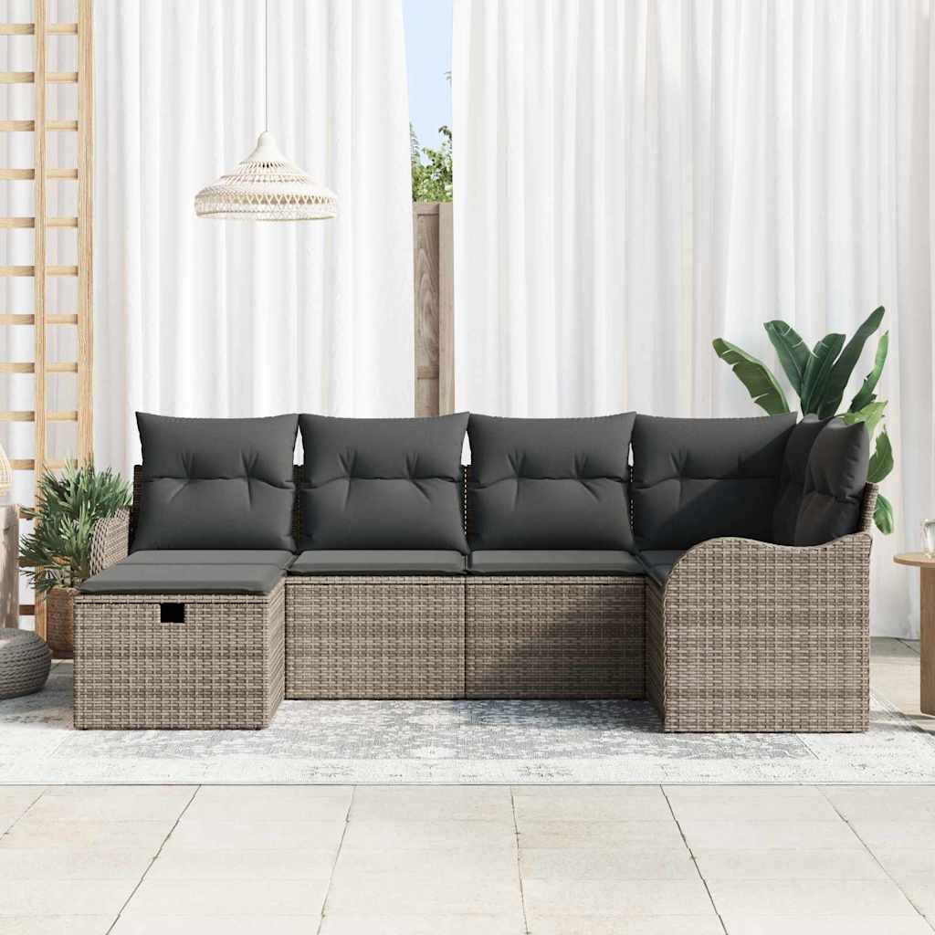 vidaXL 6-delige Tuinbankset met Kussens - Grijs Poly Rattan