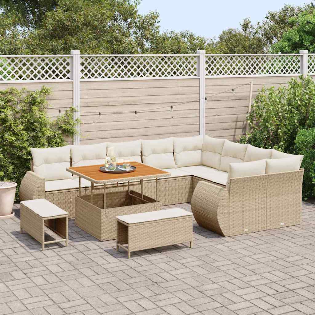 vidaXL 12-delige Tuinbankenset met kussens poly rattan acacia beige