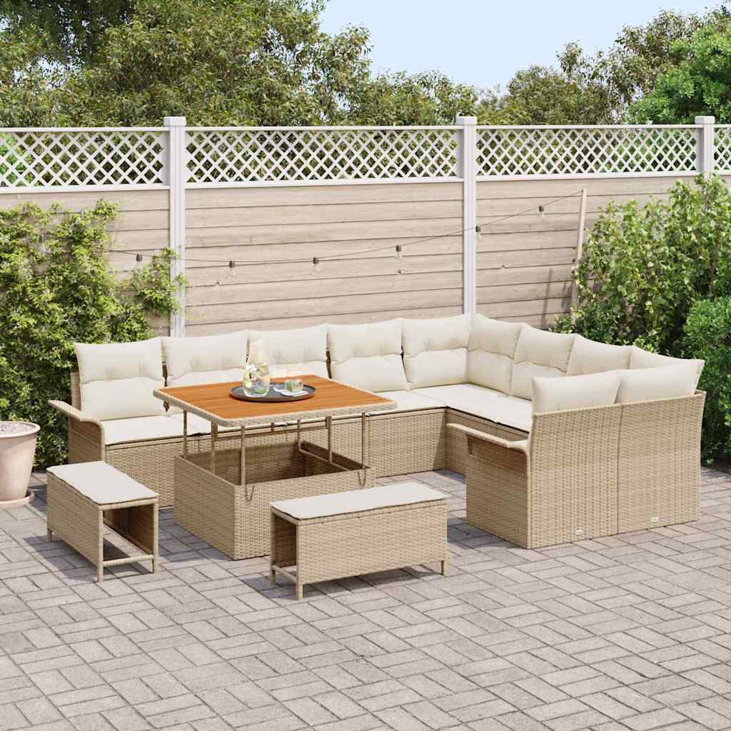 vidaXL 12-delige tuinset met kussens in beige poly rattan en acaciahout
