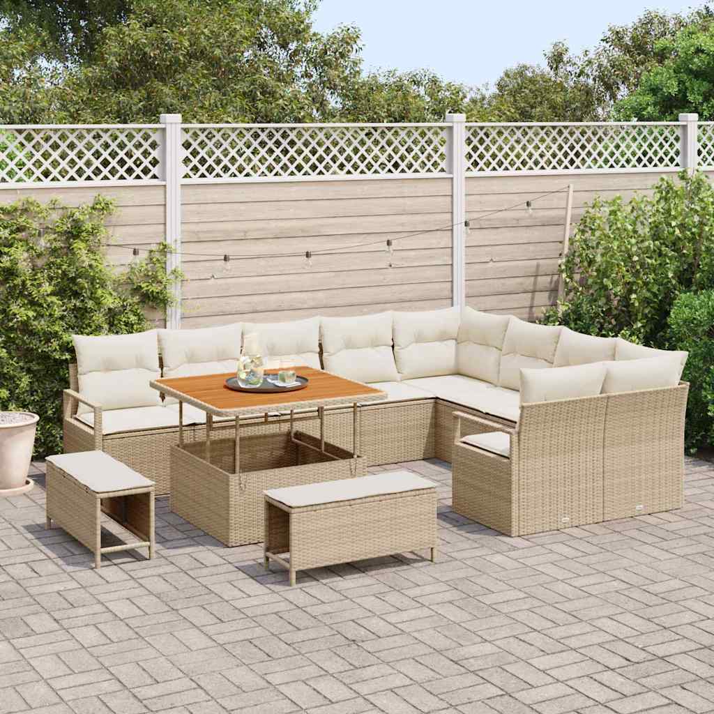 vidaXL 12-delige Tuinbankenset met kussens poly rattan acacia beige