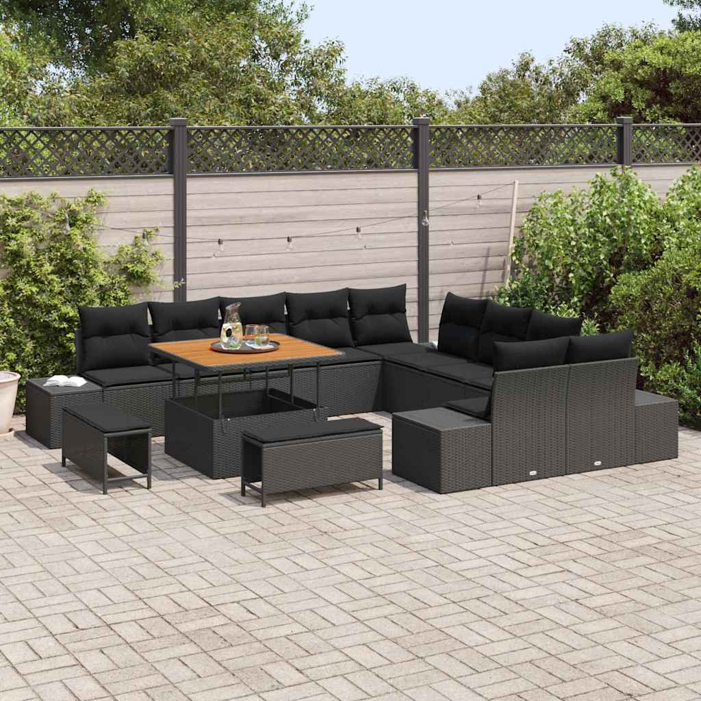 vidaXL 13-delige Tuinbankenset met kussens poly rattan acacia zwart