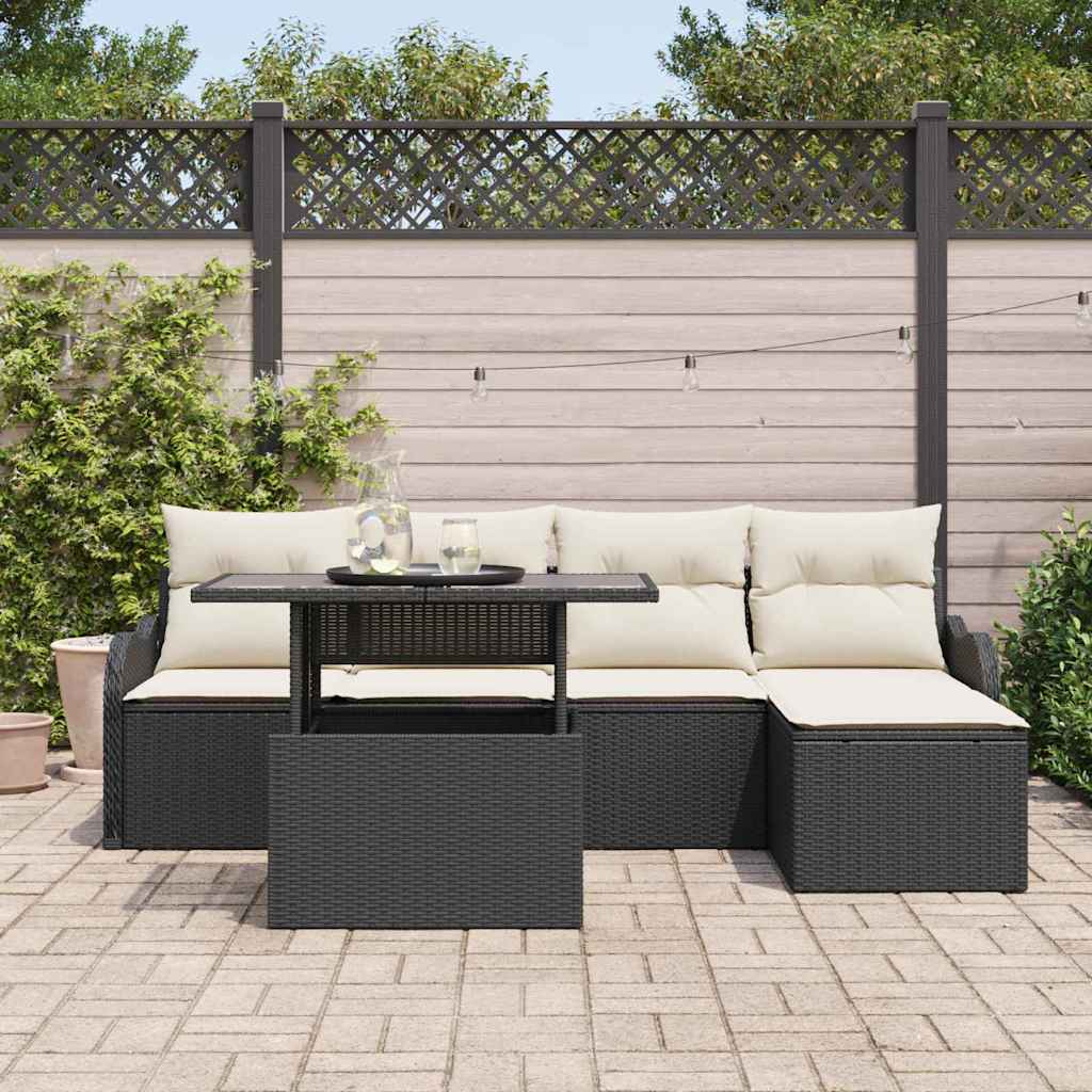 vidaXL 6-delige tuinset met kussens in zwart poly riet