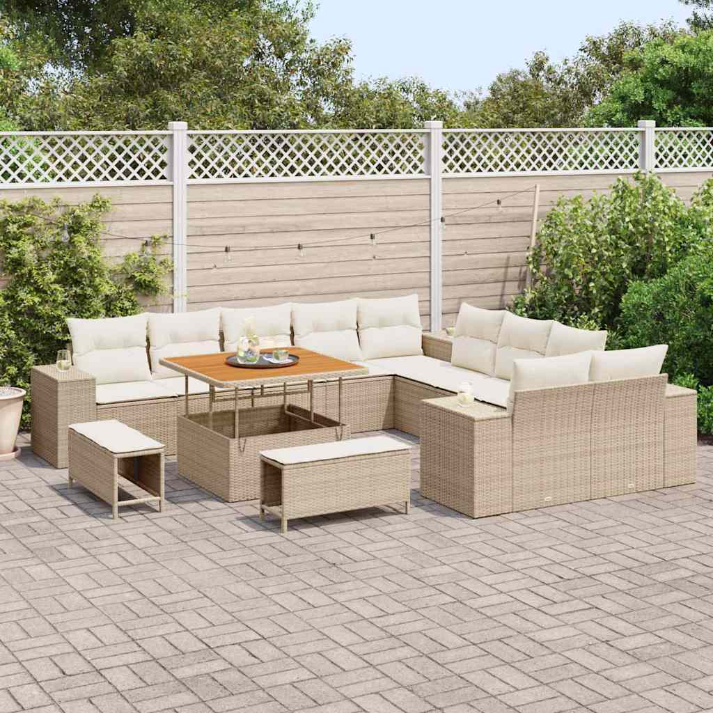 vidaXL 13-delige tuinbank set met kussens beige poly rattan acacia
