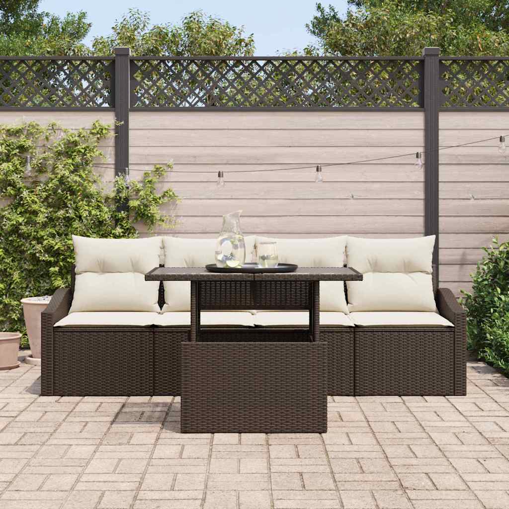 vidaXL 5-delige Tuinbankenset met kussens poly rattan bruin