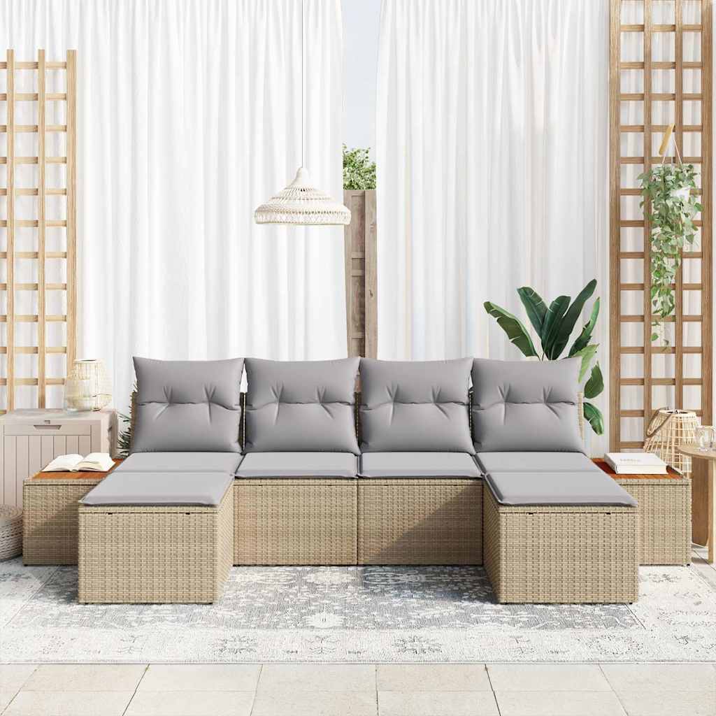vidaXL 6-delige lounge set voor in de tuin met kussens, beige, poly rattan en acacia