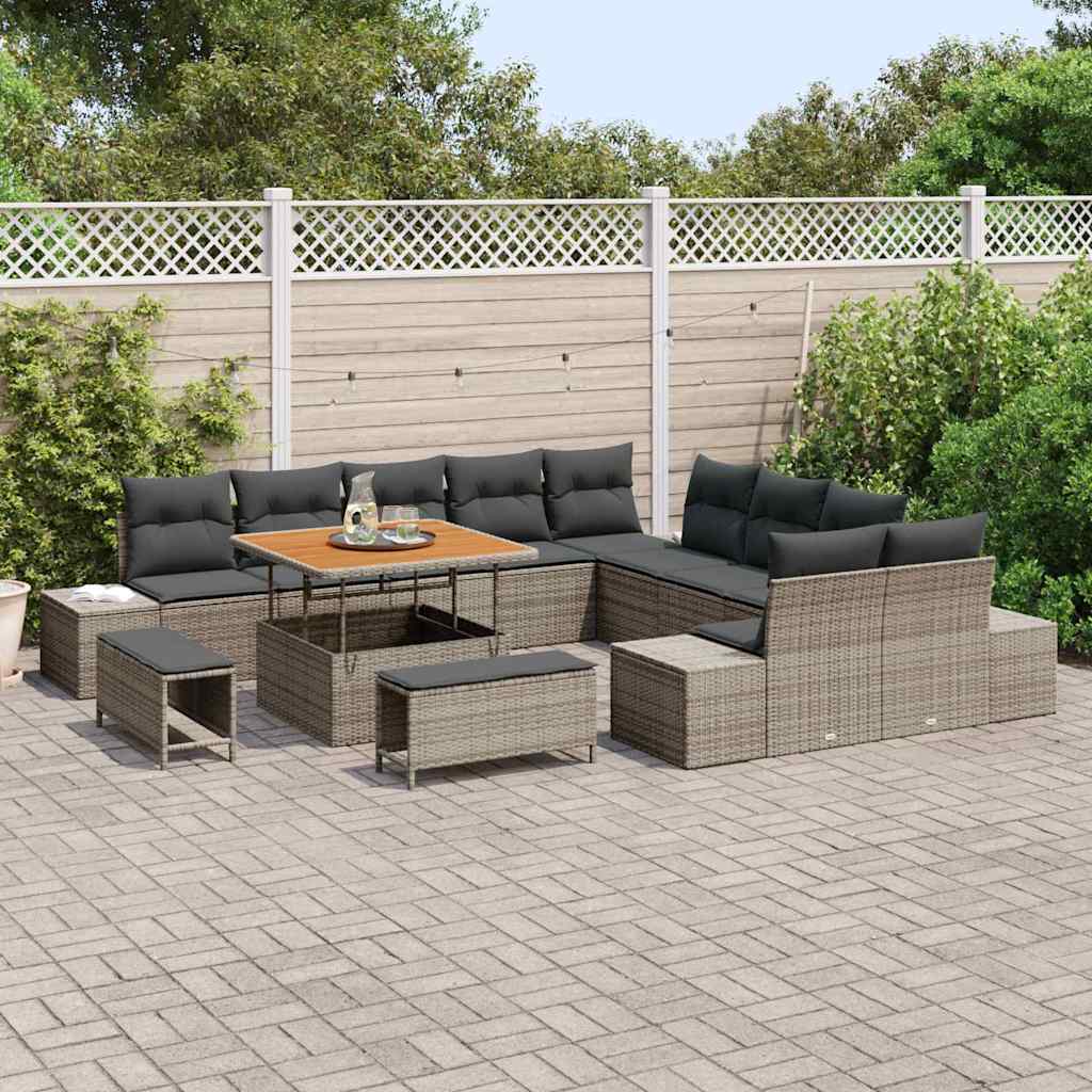 vidaXL 13-delige Tuinbankenset met kussens poly rattan acacia grijs