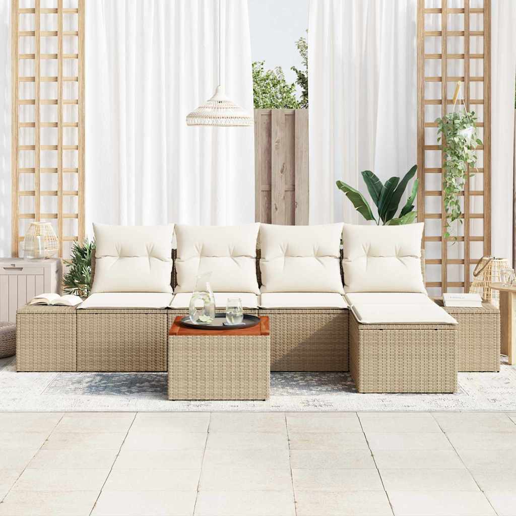 vidaXL 6-delige tuinsofa set met kussens in beige van poly rattan en acacia