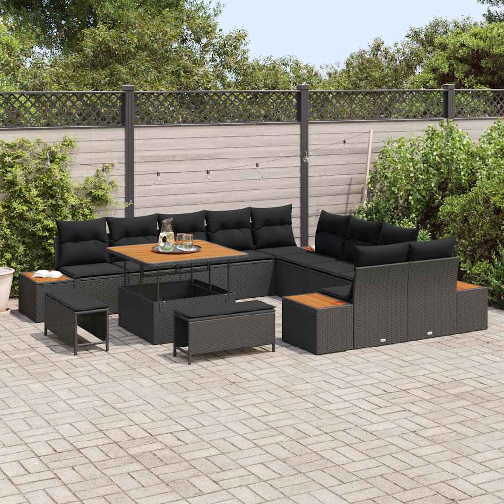vidaXL 13-delige tuinbankset met kussens zwart poly riet acaciahout