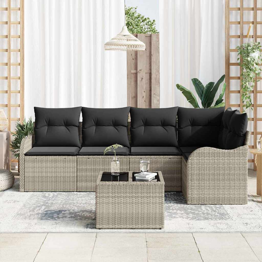 vidaXL 6-delig tuinsofa set met grijze poly riet en kussens