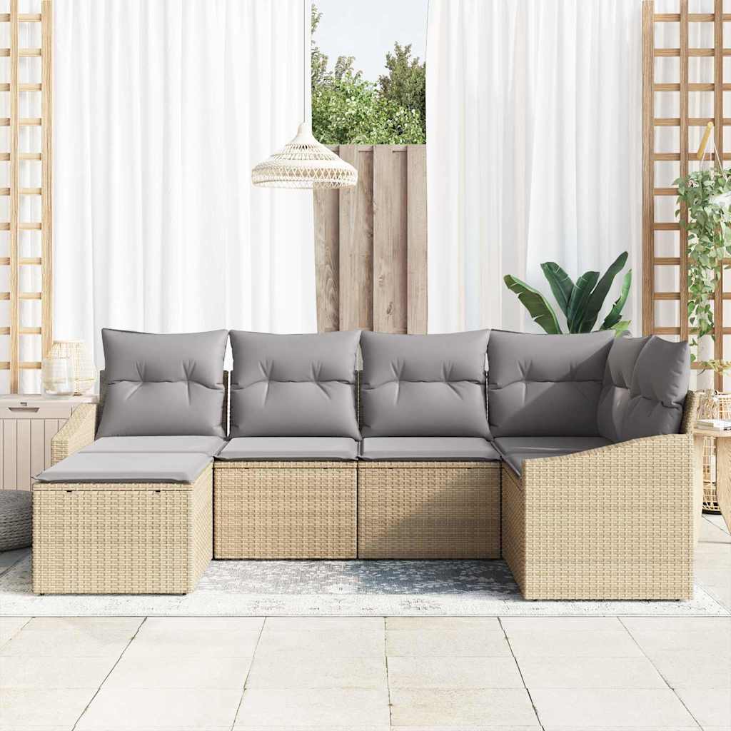 vidaXL 6-delige tuinbankset met kussens in beige poly rattan