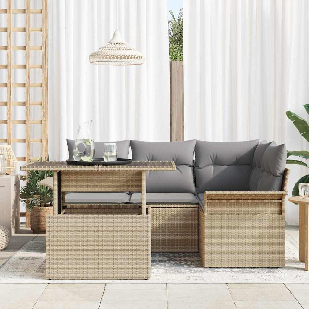 vidaXL 5-delige Tuinbank Set met Kussens in Beige van Poly Riet