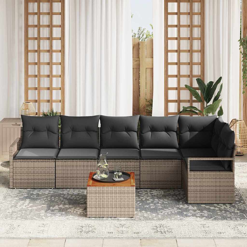 vidaXL 7-delige tuinbankset met kussens in het grijs van poly rattan en acacia.