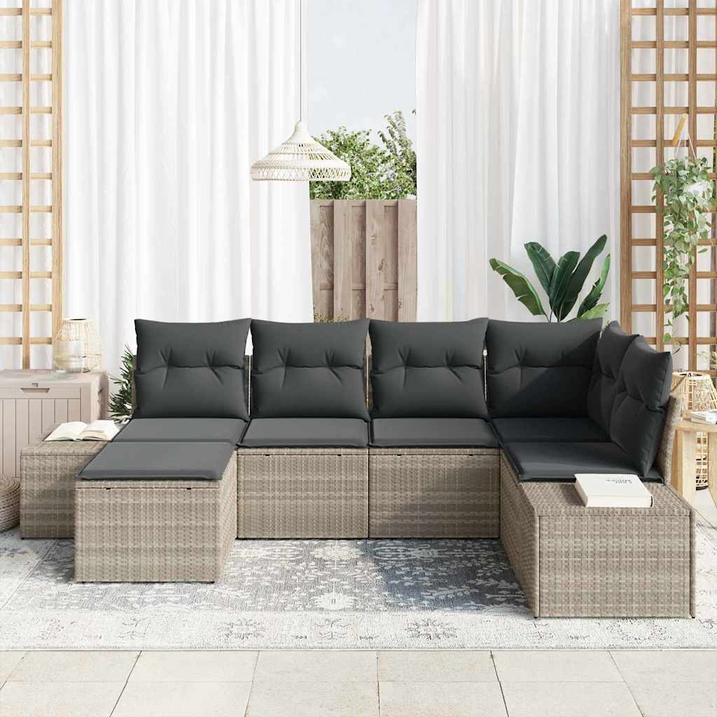 vidaXL 6-delige Tuinbankenset met kussens poly rattan lichtgrijs