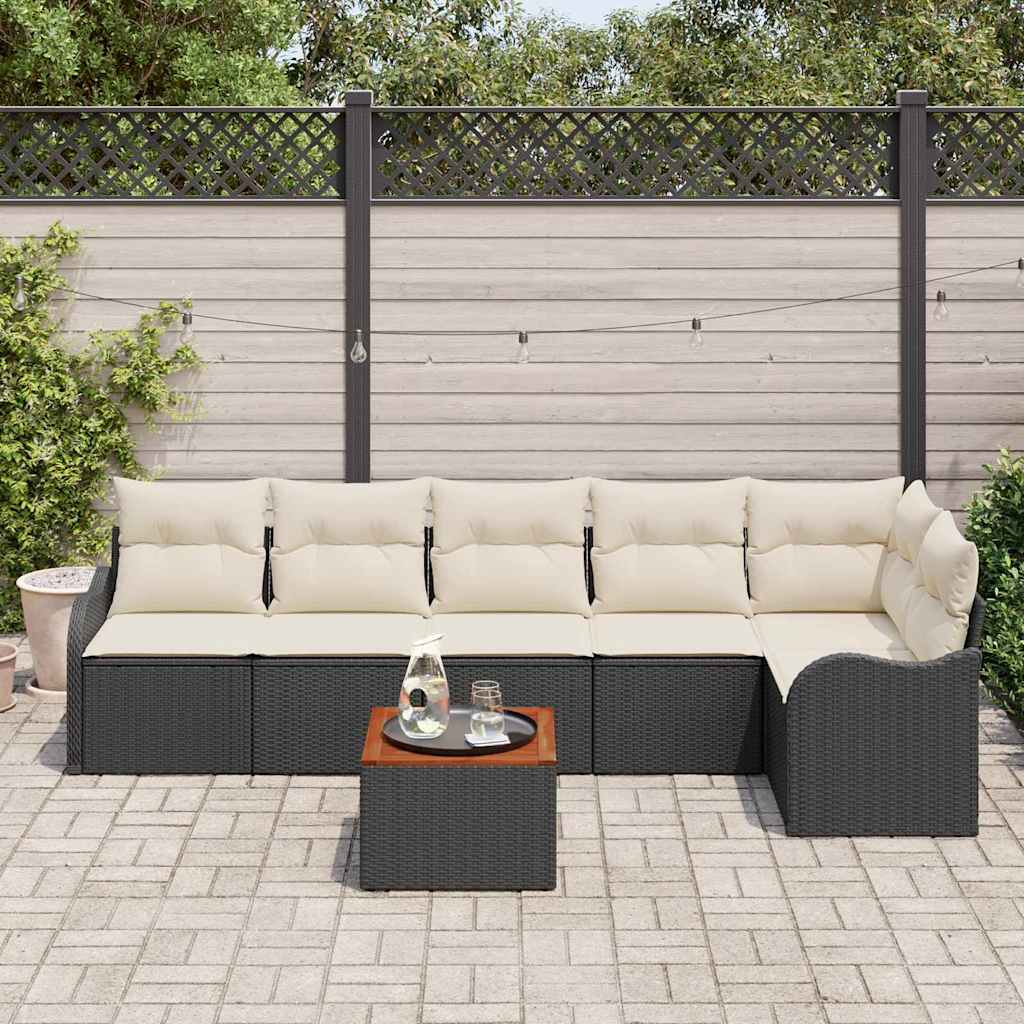 vidaXL 7-delige tuinset met kussens van zwart poly rattan en acaciahout