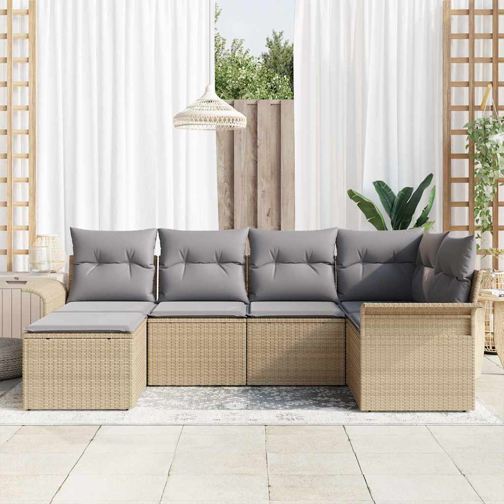 vidaXL 6-delige Tuinbankenset met kussens poly rattan beige