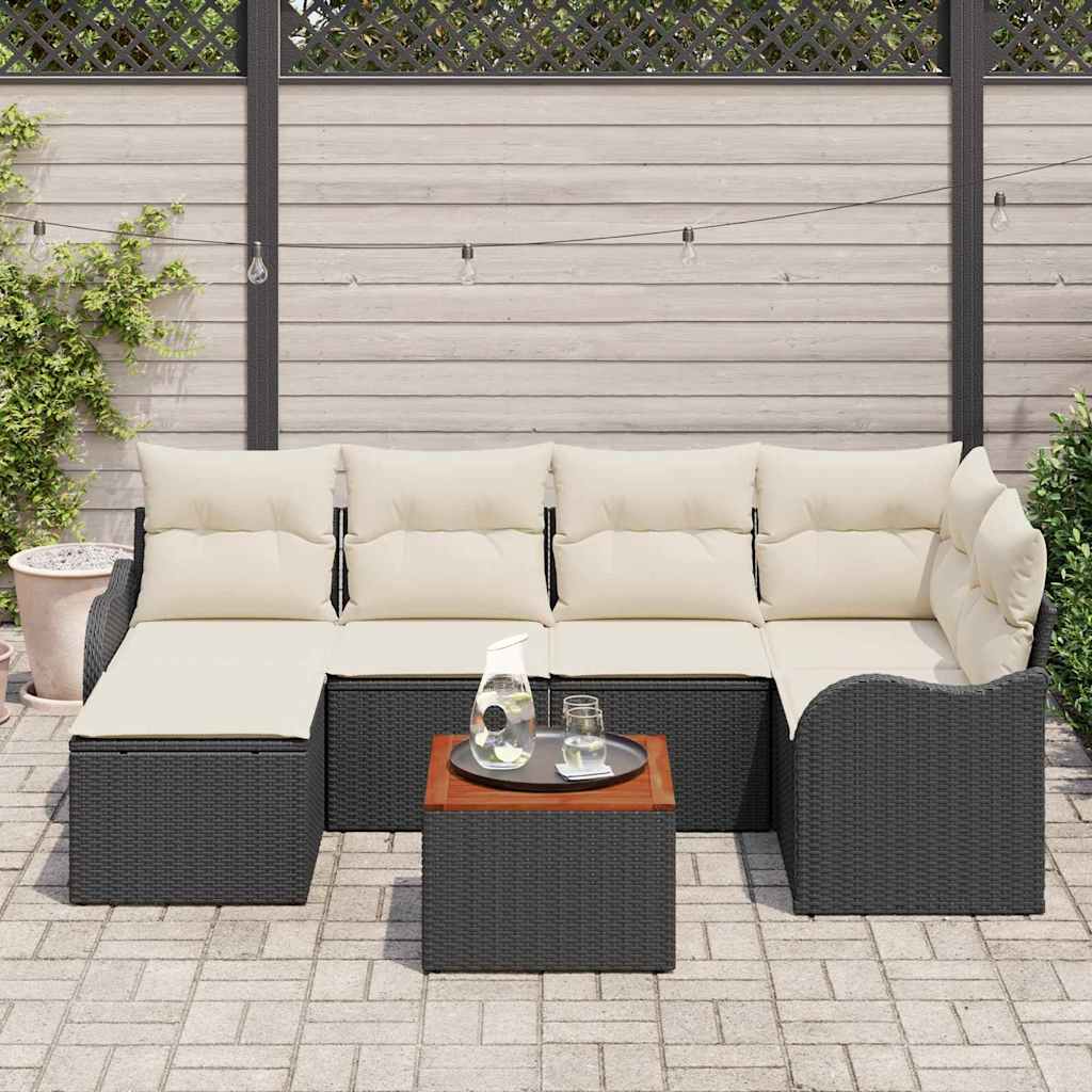 vidaXL 7-delige tuinset met kussens, zwart poly rattan acacia.