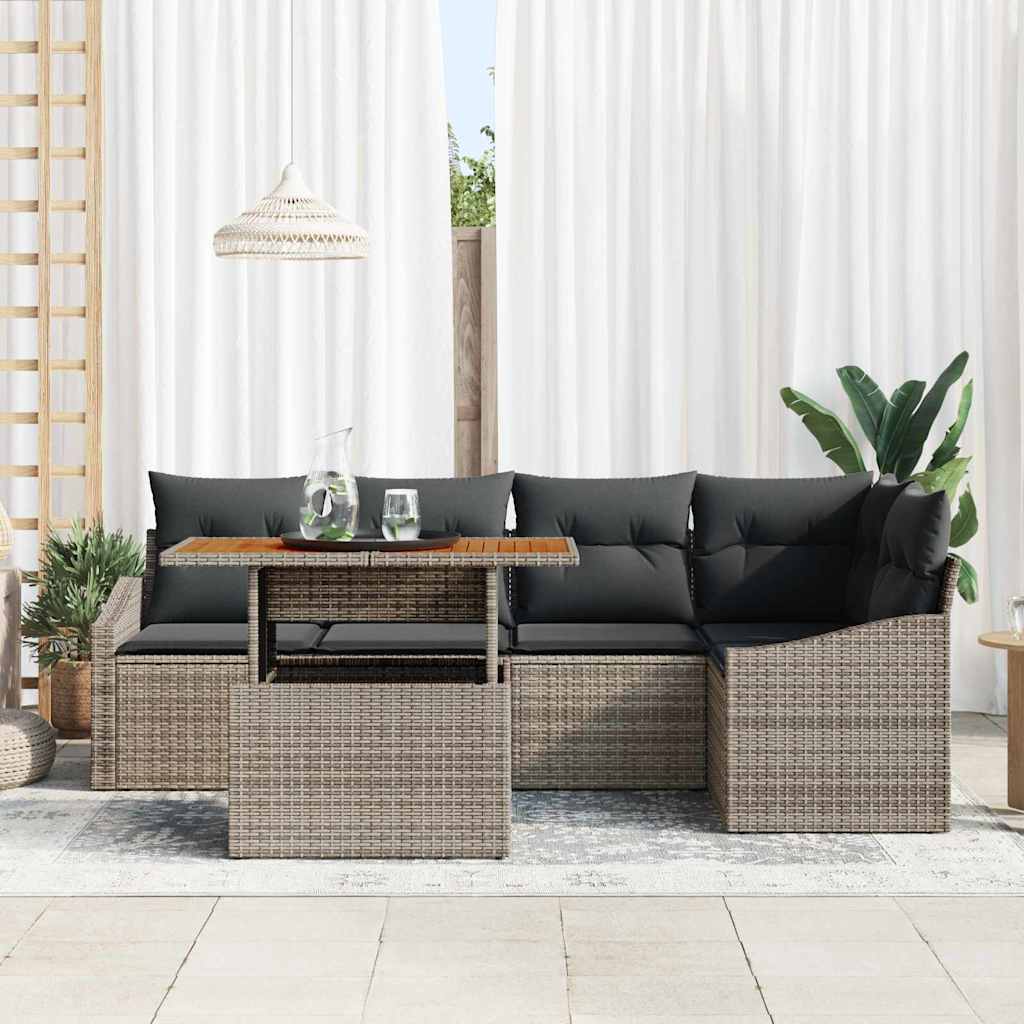 vidaXL 6 Delen Tuin Sofa Set met Kussens - Grijs Poly Riet