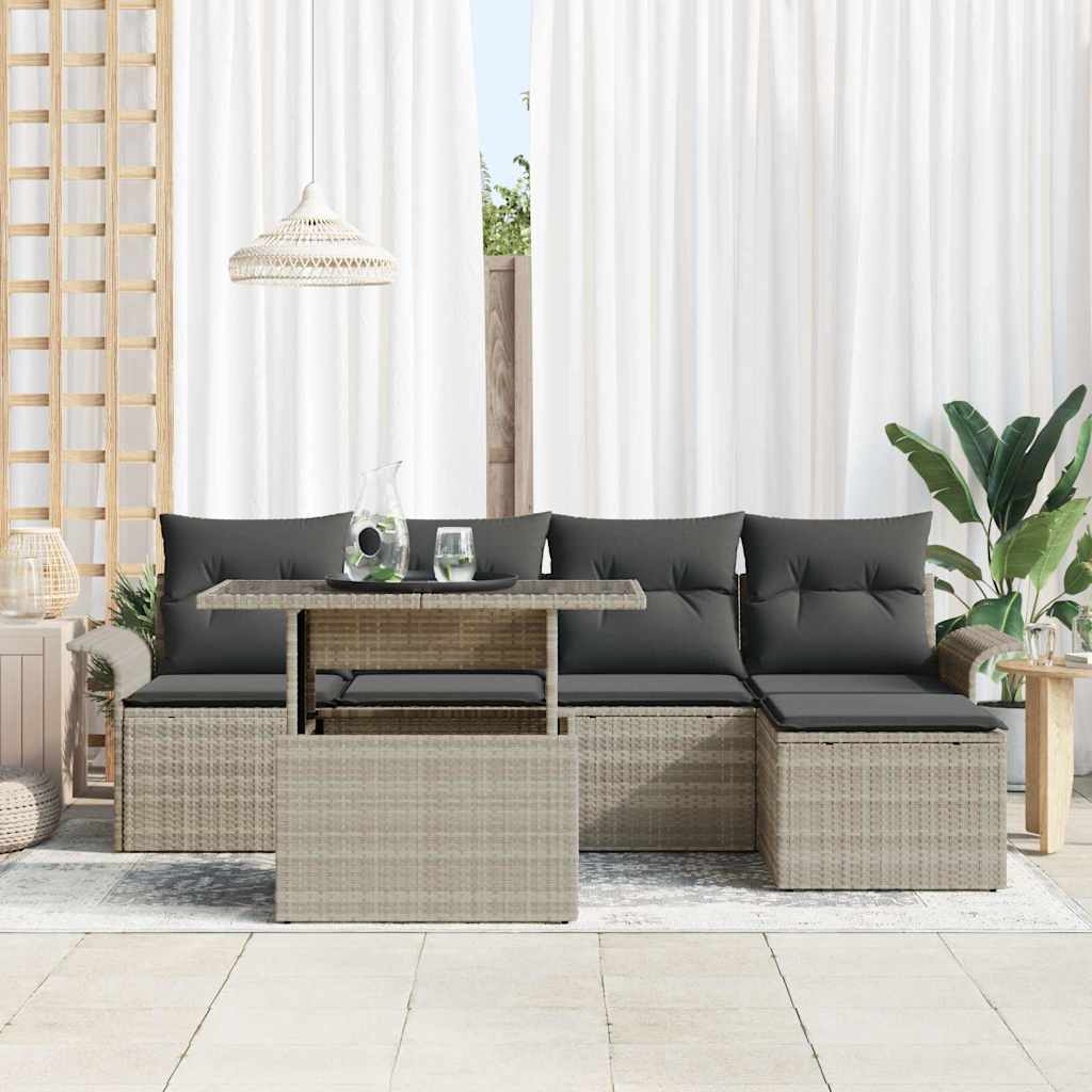 vidaXL 6-delig tuinbankstel met kussens in lichtgrijs poly rattan
