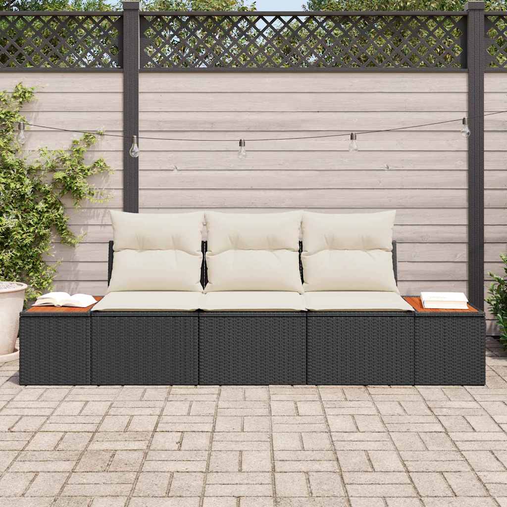 vidaXL 3-delige tuinset met kussens in zwart van poly rattan en acacia