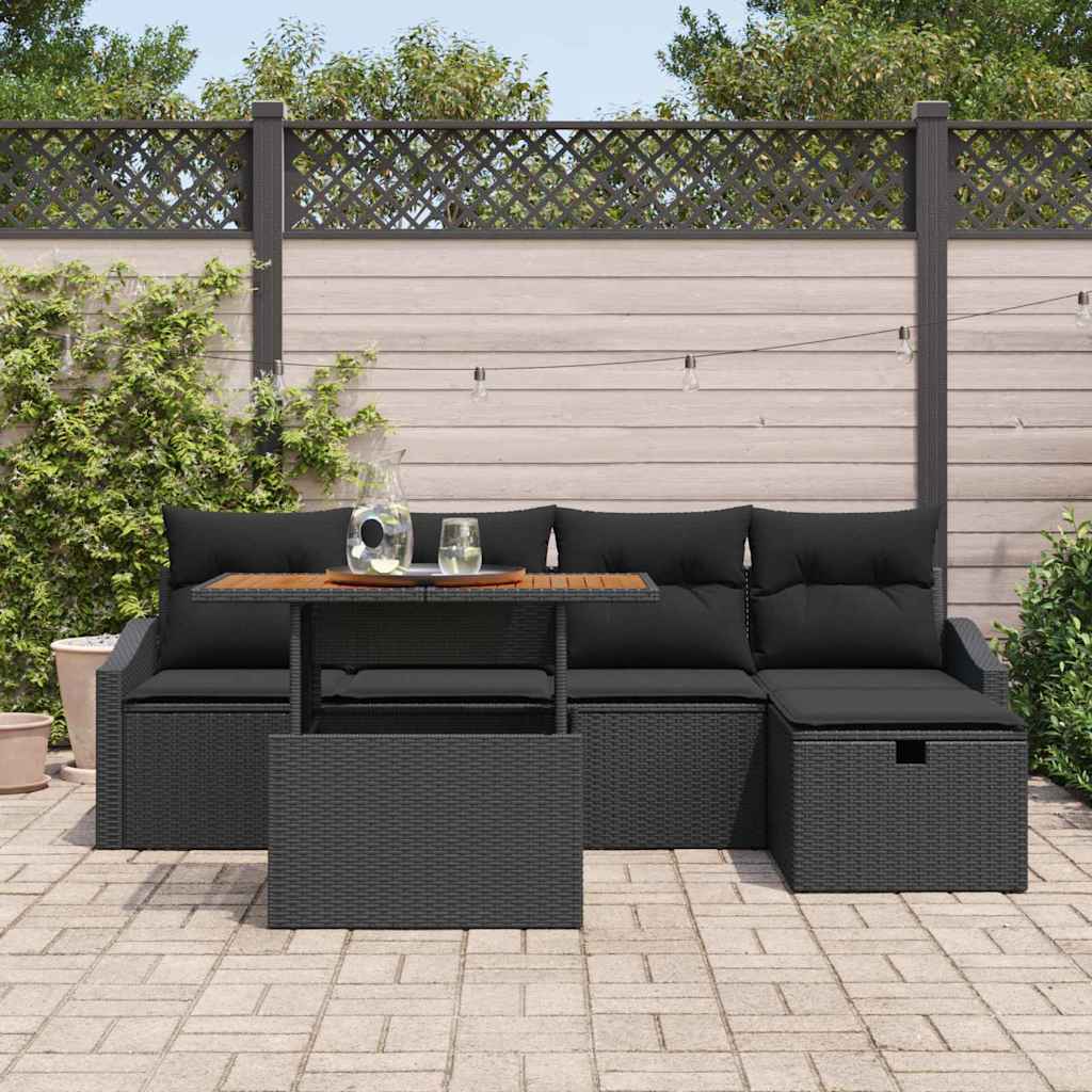 vidaXL 6-delige Tuinbankenset met kussens poly rattan zwart