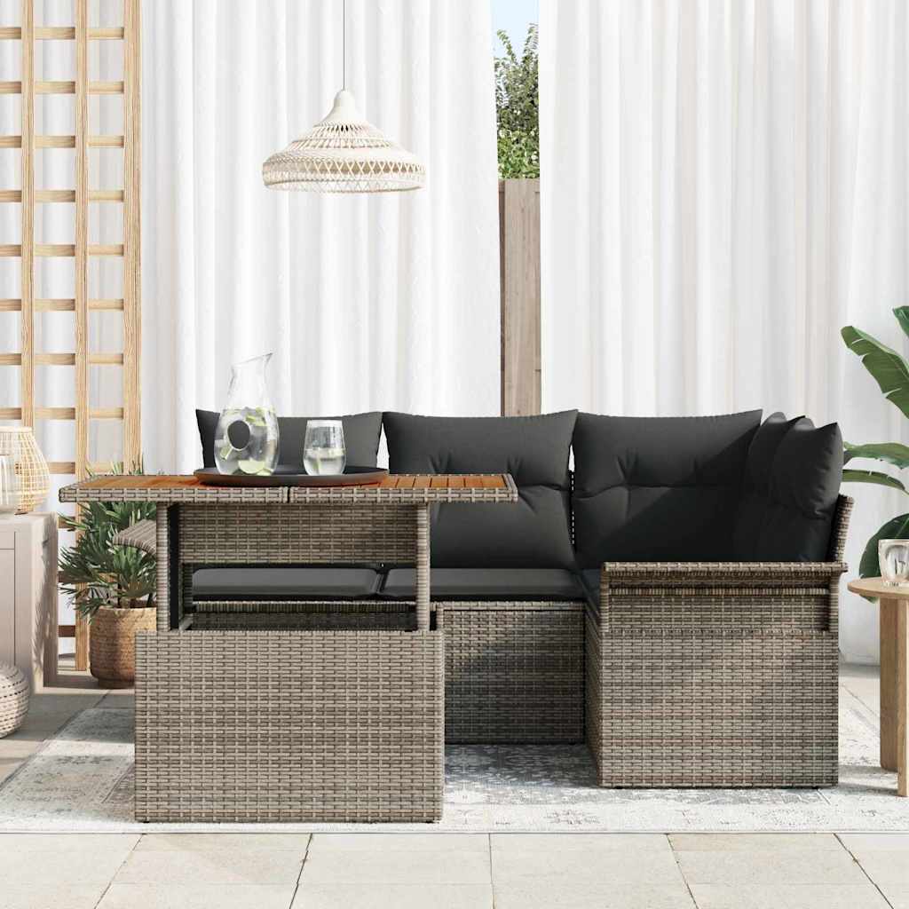 vidaXL 5-delige tuinset met kussens in grijs poly rattan