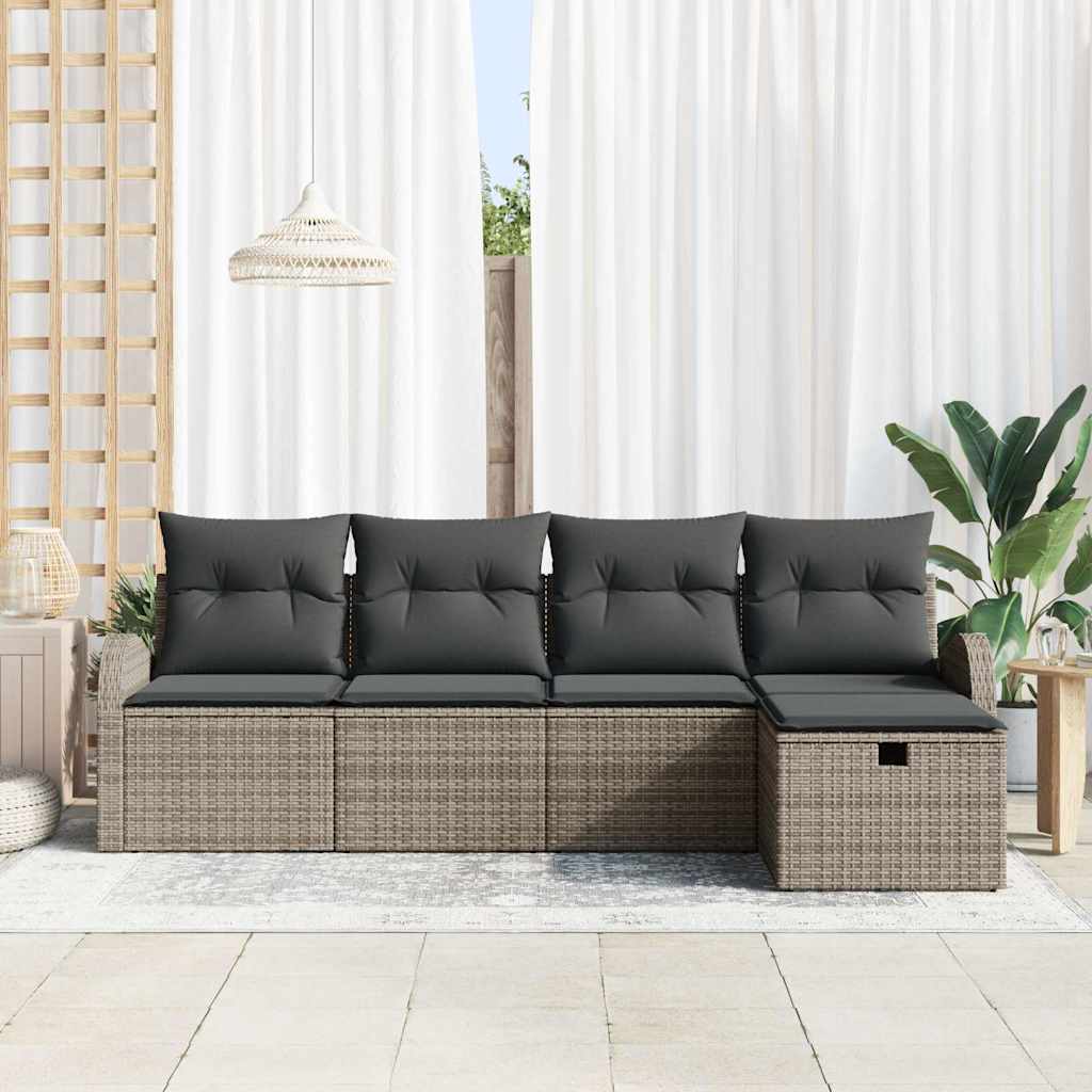 vidaXL 5-delige Tuinbankenset met kussens poly rattan grijs