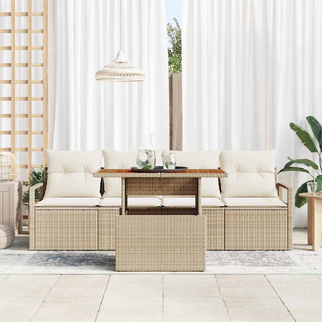 vidaXL 5-delige tuinset met kussens in beige poly rattan