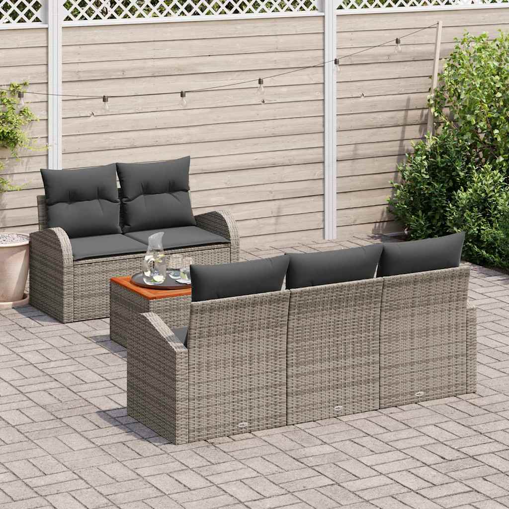 vidaXL 6-delige tuinset met kussens in grijs poly riet en acacia