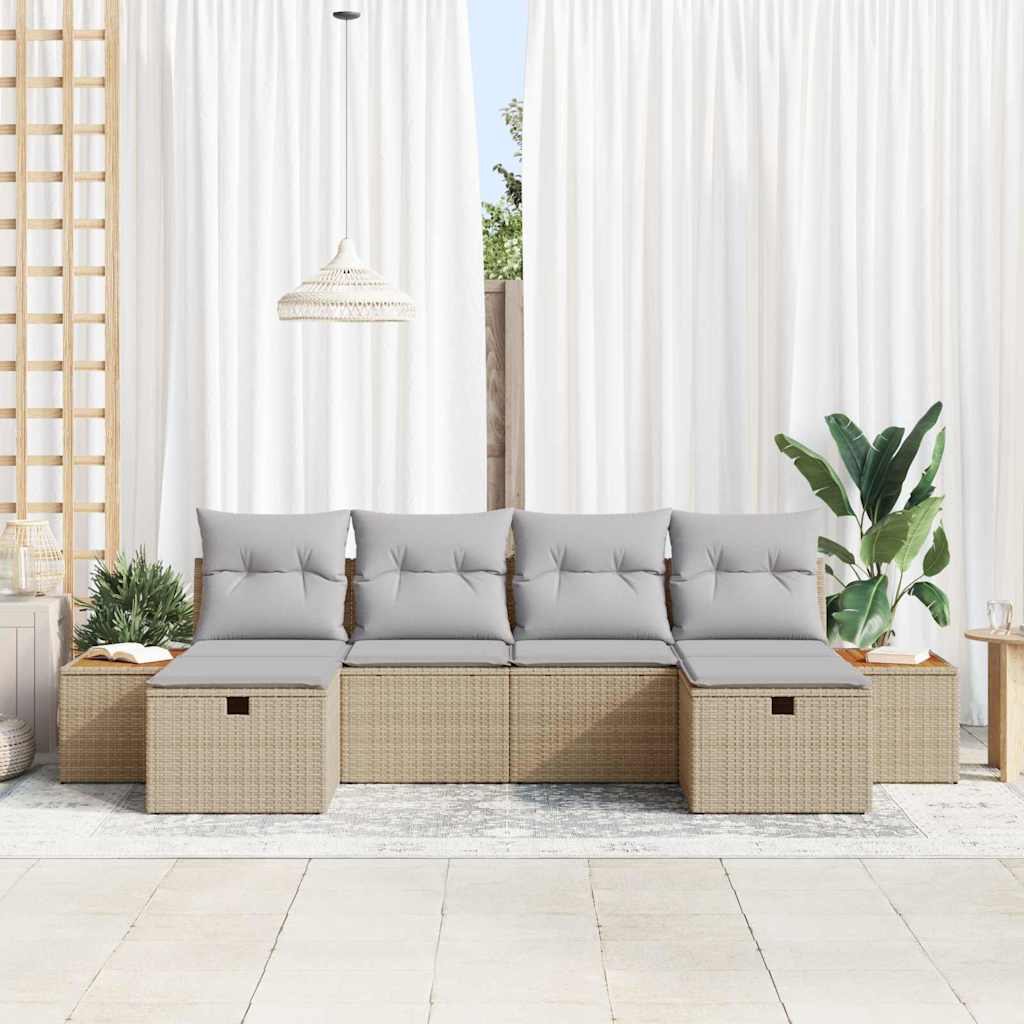 vidaXL 6-delige tuinbankset met kussens in beige poly rattan