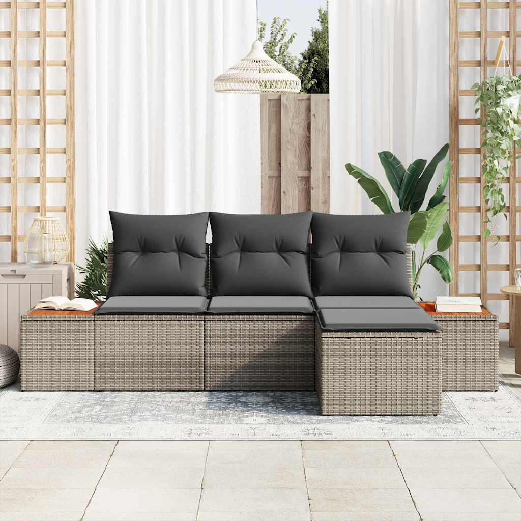 vidaXL 4-delige tuinsofaset met kussens grijs poly rattan acacia