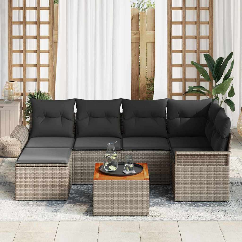 vidaXL 7-delige tuinset met kussens in grijs poly rattan en acacia