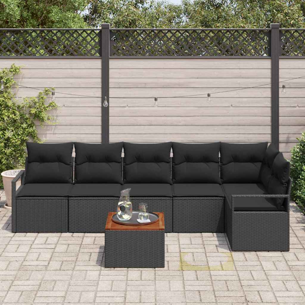 vidaXL 7-delige tuinsofa set met kussens in zwart van poly rattan en acaciahout.