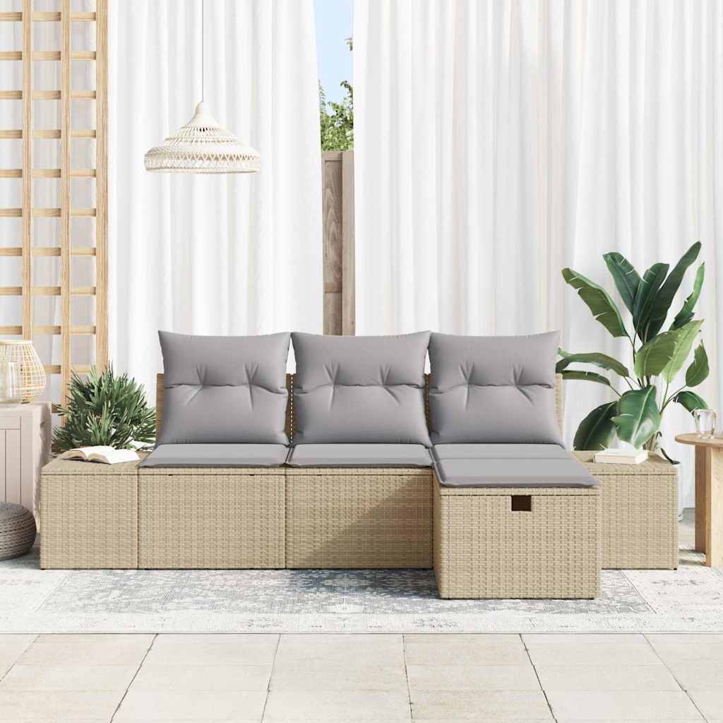 vidaXL 4-delige Tuinbankenset met kussens poly rattan beige