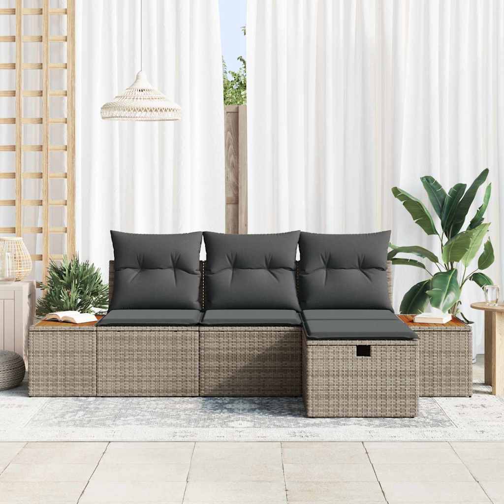 vidaXL 4-delige Tuinbankenset met kussens poly rattan grijs