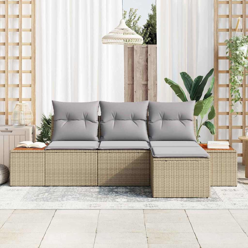 vidaXL 4-delige tuinset met kussens in beige poly-rattan en acacia